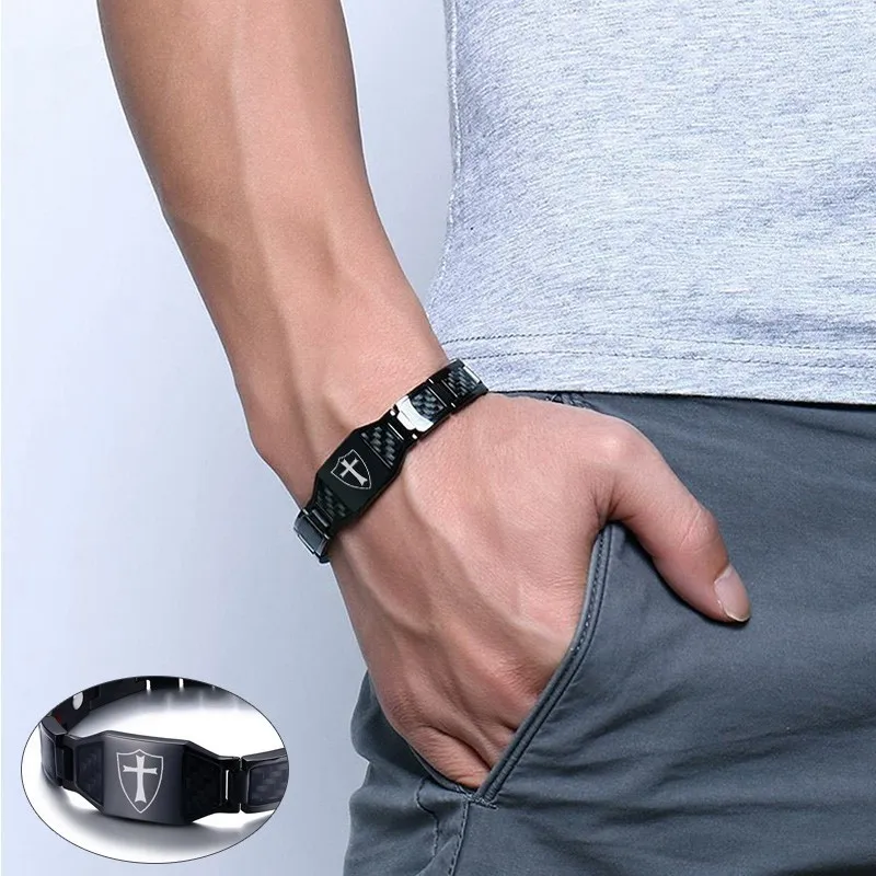 

Stylish Carbon Fiber Knights Templar Shield Bio Energy Bracelets for Men Cross Faith Therapy