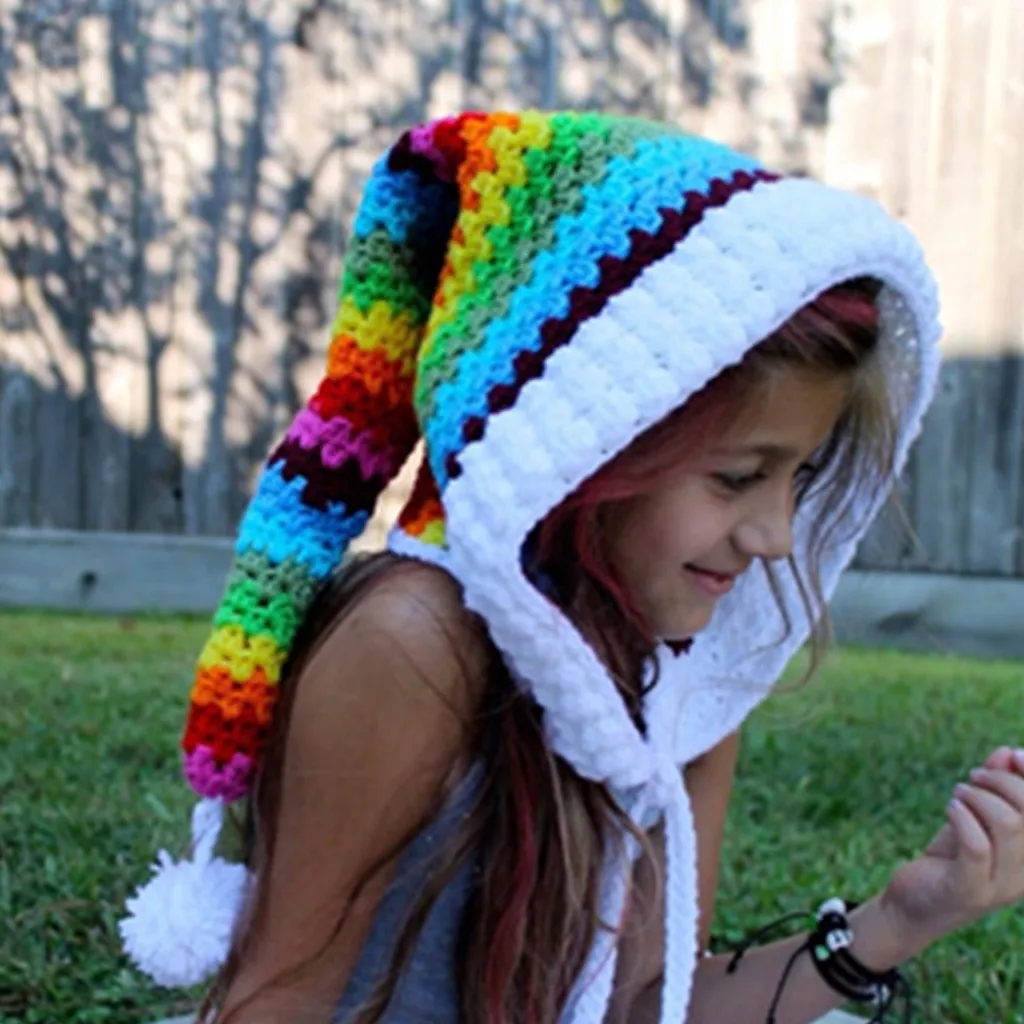 Keep Warm Christmas Winter Thickening Children Hat Crochet Rainbow Long Tail Knit Hat Fleece Lined Headwear kids kawaii ski hat
