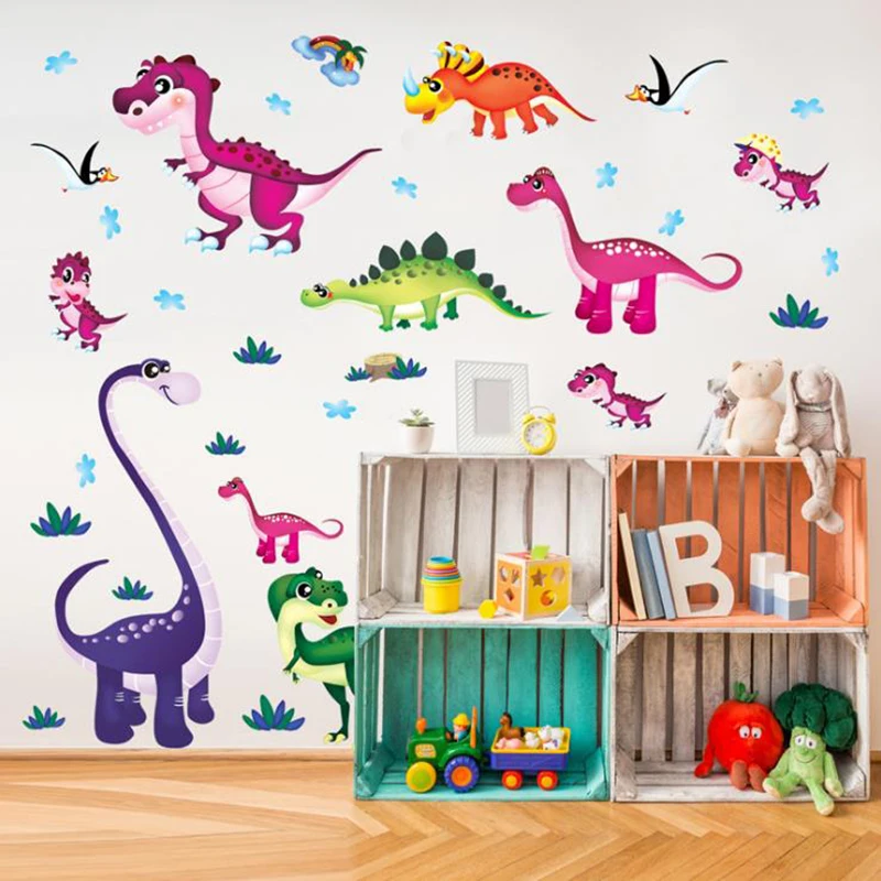 Cartoon Colorful Dinosaurs World Wall Stickers DIY Kids Room Nursery Home Decoration Decals Backdrop Wallpaper Lovely Posters | Дом и сад