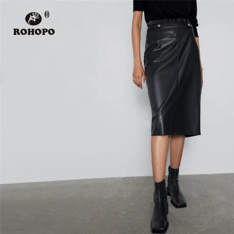

ROHOPO Overlocked Waist Back Zipper Fly Split Hem Pencil Midi Leather Skirt Black Patchwork High Waist PU Leather Falda #1351