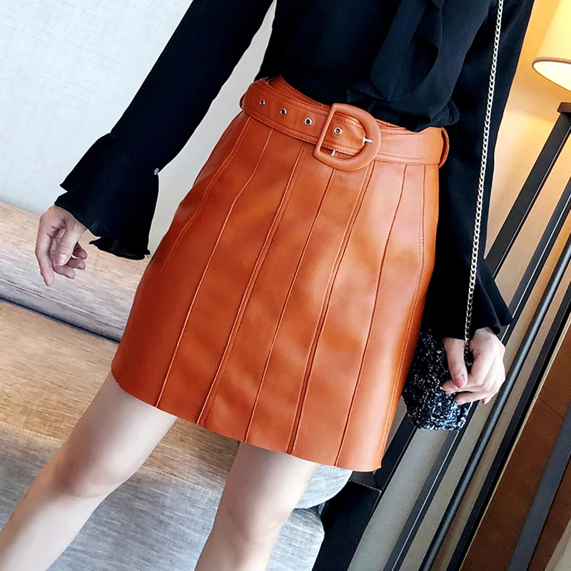 RYS9330 D letter Belt Stitching Genuine Leather A-line Women Mini Skirt Femme Casual Short Pleated Jupe Orange/Green Strip Saias