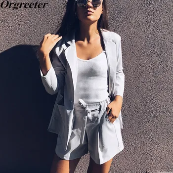 

Cotton Linen One Button Notched Loose Blazer & Bow Elastic Waist Shorts 2 Pieces Set Summer New Tracksuit for Women Pant Suits