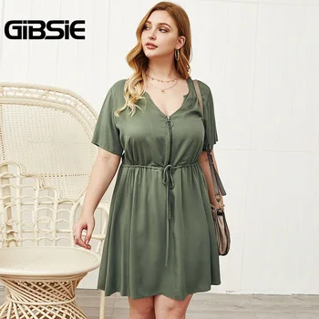 

GIBSIE Solid V-Neck O-Ring Zip Front Summer Dress Women Plus Size Drawstring Waist Mini Dresses Female Casual OL A-Line Dress
