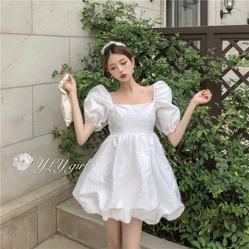 French Summer Temperament Dress Sweet Square Collar Tender Girl Puff Sleeve Dress Backless Bandage Bow Jacquard Party Bud Dresse