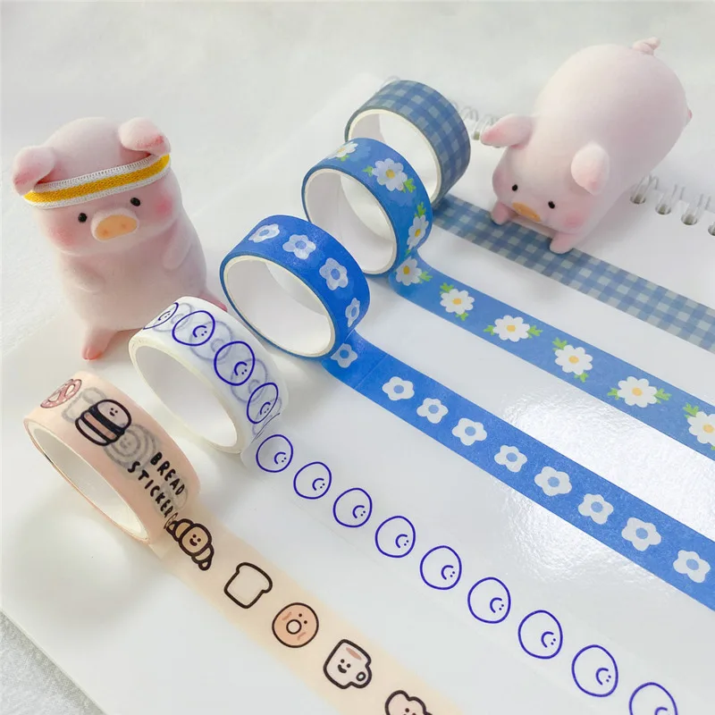 

Blue Grid Daisy Smiling Face Cute Washi Adhesive Tape Student Stationery Diy Masking Decorative Tapes 3m Kawaii Sealing Sticker