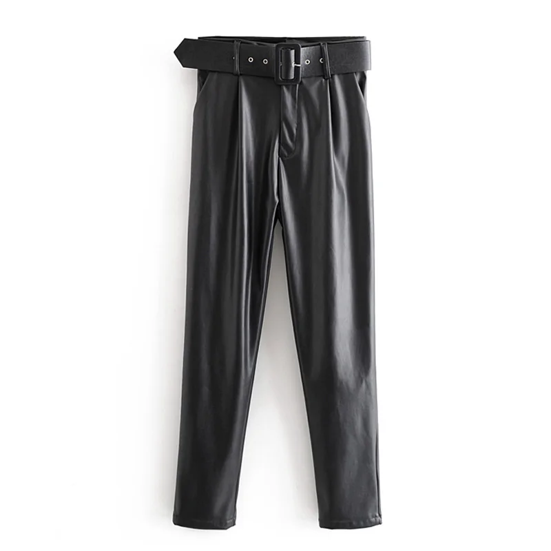 AGong High Imitation Leather Tie Belt Waist Pants Women Fashion PU Leather Trousers Women Elegant Pencil Pants Female Ladies KA