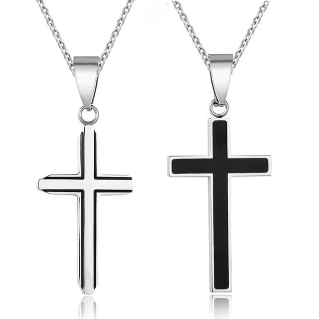 Argent Acier Inoxydable Croix Noire Pendentif Homme Femme Chaîne