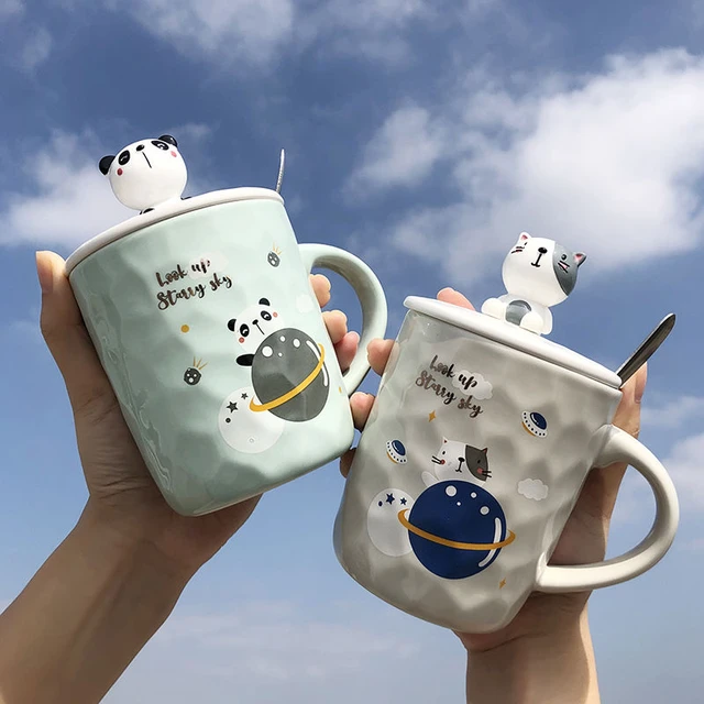 Cartoon Ceramic Mug with Lid Spoon Couple Breakfast Coffee Cup Panda Planet Cup  Cute Coffee Mugs