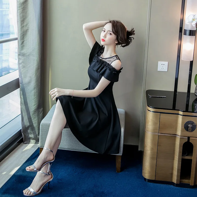 

2019 Summer New Style Korean-style Slimming Hepburn Gauze Joint-off-Shoulder Horizontal Neck Black And White with Pattern Dress