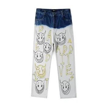 

KIOVNO Men's Loose Baggy Jeans Pants Hip Hop Laugh Face Printed Denim Trousers Male Washed Size M-XL Striaght