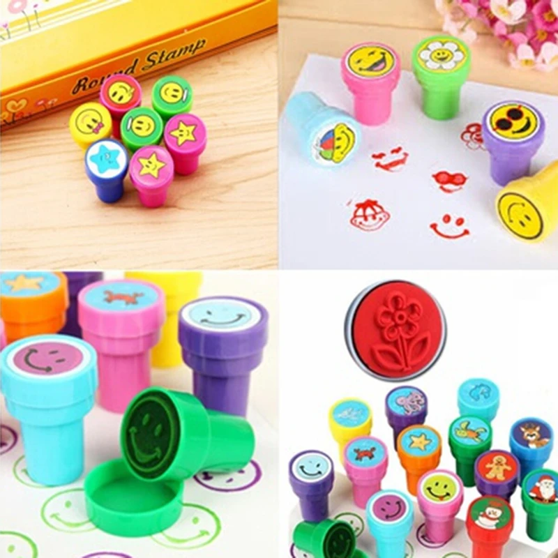 Sello de plástico de dibujos animados para niños, bricolaje, decoración bonita, sello, sello de recompensa, juguete, 12 Uds.