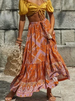 

Boho Skirts Floral Printed Split Sexy Maxi Skirt 2019 Summer Vintage Beach Loose Casual Women Clothes Elastic Waist Long Skirts