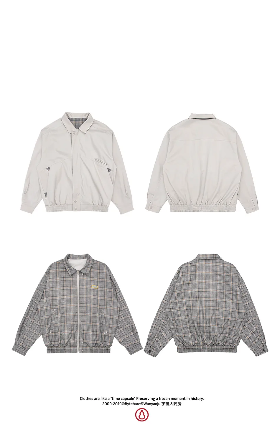 ByteHare Play Drug Bureau's Both sides of the front and back wear thicker plaid men's loose zipper jacket couple models coat