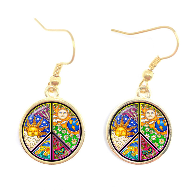 Blue-Red-Yellow Hippie Peace Van Bus Photo Drop Earrings Retro Beach Bus Car Collectors Bus Peace Sign Jewelry For Women