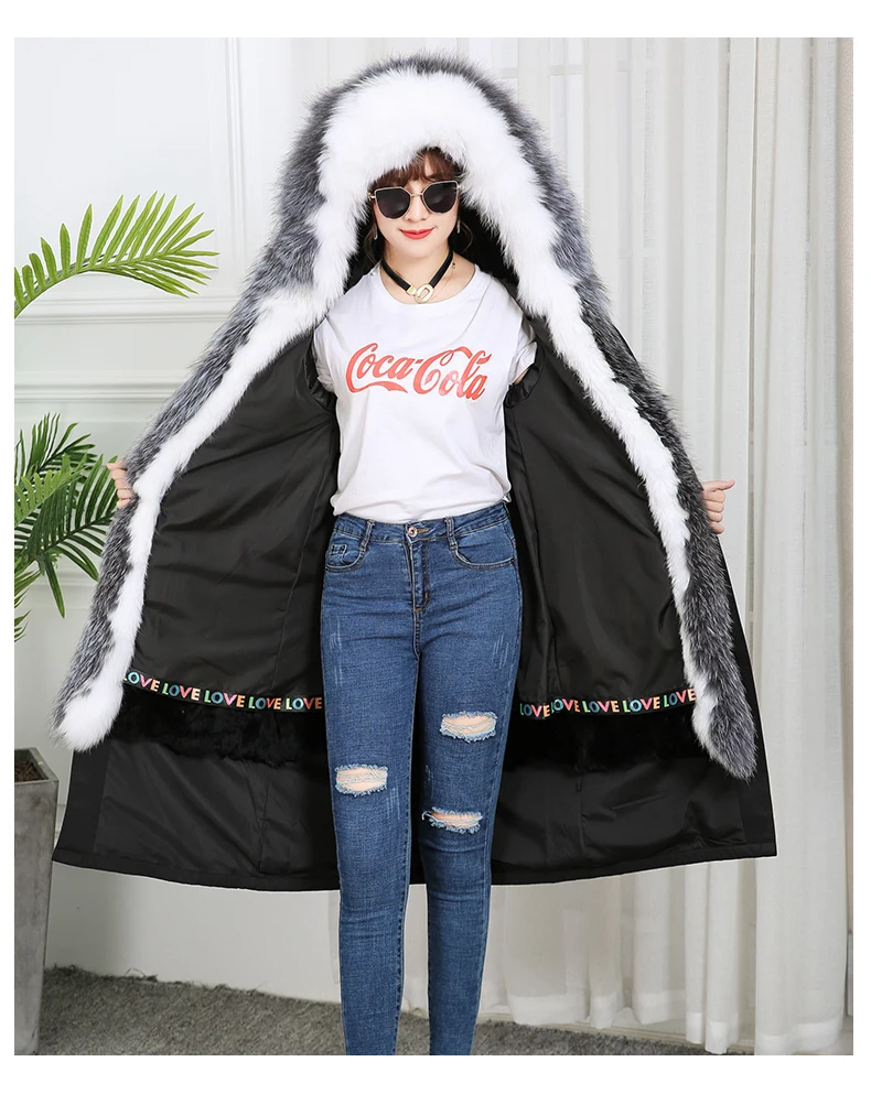 Fur Parkas Highstreet Real Fox Fur Collar Plocket Hooded Rabbit Fur Lining Long Coat Women Winter Casual Solid Warm Outwear