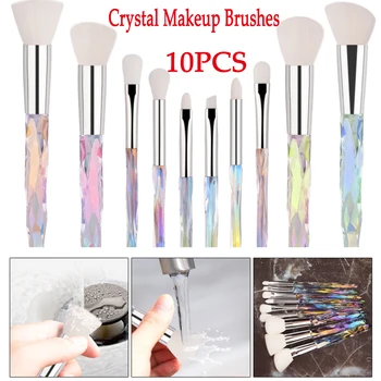 

10Pcs Crystal Makeup Brushes Set Powder Foundation Fan Brush Eye Shadow Eyebrow Professional Blush Makeup Brush Tools
