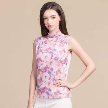 

Summer New Real Silk Mesh Juxtaposition Double Layer Base Shirt Women's Mulberry Silk Knit Mock-Neck Sleeveless T-shirt