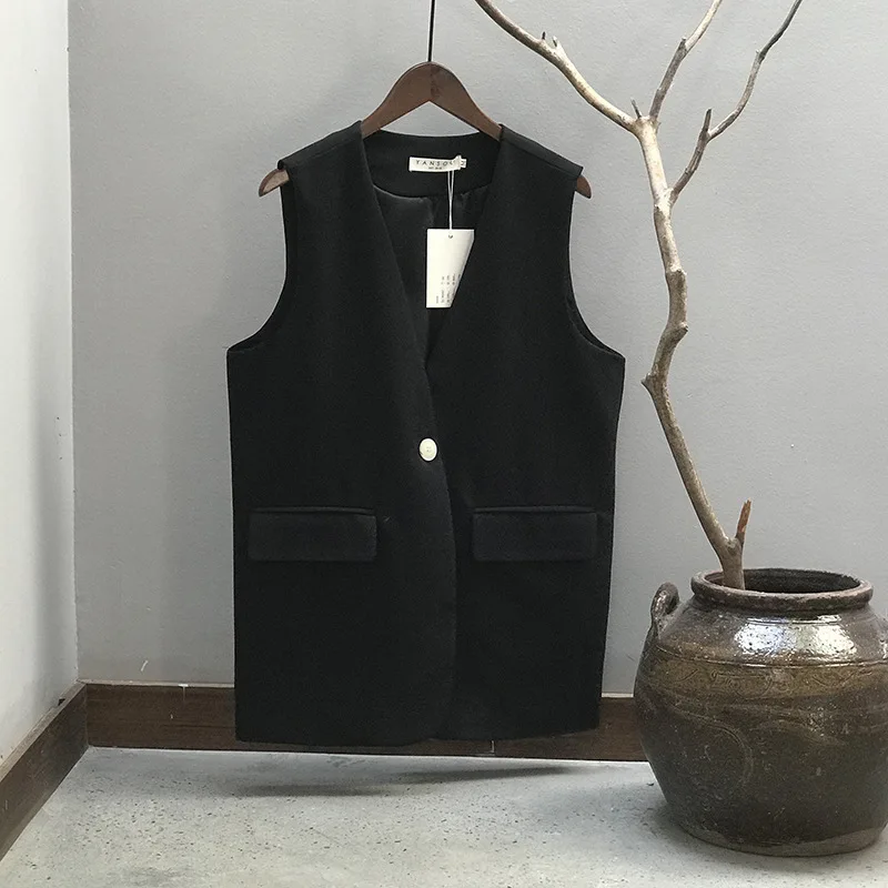 Mooirue Fall Women Suit Vest Sleeveless Beige Black Elegant Office V Neck Jacket Coat - Цвет: black
