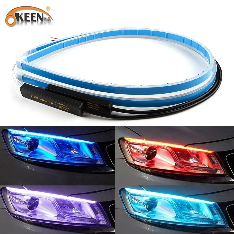 

OKEEN 2pcs Universal Car LED Daytime Running Strip Light 60cm White DRL Sequential Yellow Turn Signal Lights For Auto Head Lamp