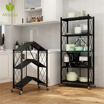 

Mrosaa 3/4 Layers Foldable Floor Standing Kitchen Storage Rack Spice jar Organizer Carbon Steel Microwave Oven Stand with Wheels