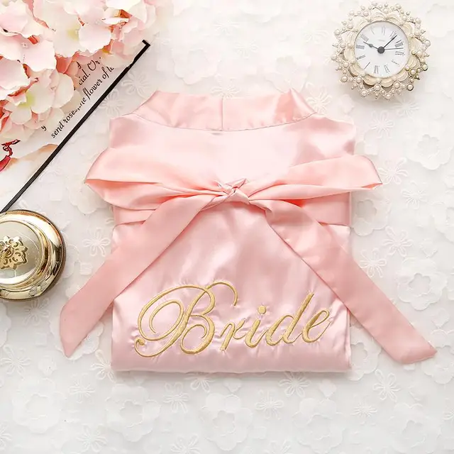 Bride Bridesmaid Wedding Robe Embroidery Kimono Bathrobe Gown Nightgown Casual Satin Short Women Sexy Nightwear Sleepwear Bride Light Pink