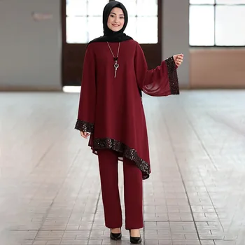 

Wepbel Muslim Women's Suit Dress Fashion Summer Middle East Chiffon Loose Plus Size Tops and Pants 2 Piece Suits Outfits
