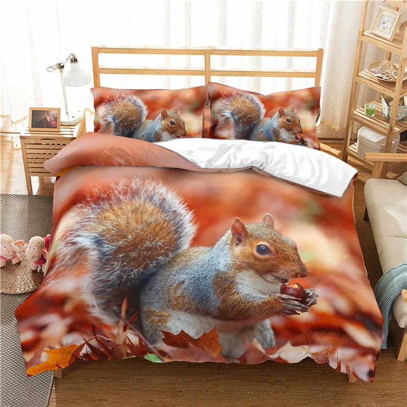 Luxury 3D Squirrel Print 2/3Pcs Kids Bedding Sets Comfortable Animal Duvet Cover Pillowcase Home Textile Queen and King Size 