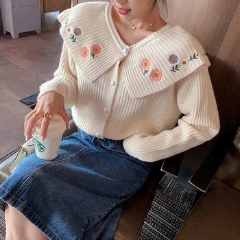 

Flower embroidery knitting cardigan fall 2020 new women's clothing han edition big loose show thin sweater coat lapels