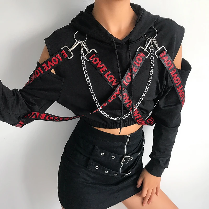 Weekeep Metal Chain Patchwork Hoodies Women Hooded Streetwear Pullover Hoodie Fashion Cropped Long Sleeve Sweatshirt Crop Top