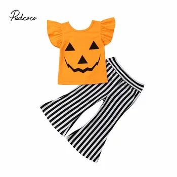 

2020 New Kids Toddlers Baby Girl Halloween Pumpkin T-shirt Ruffle Tops+Striped Pant Cute Festival 2Pcs Outfit Clothes 1 to 6Y