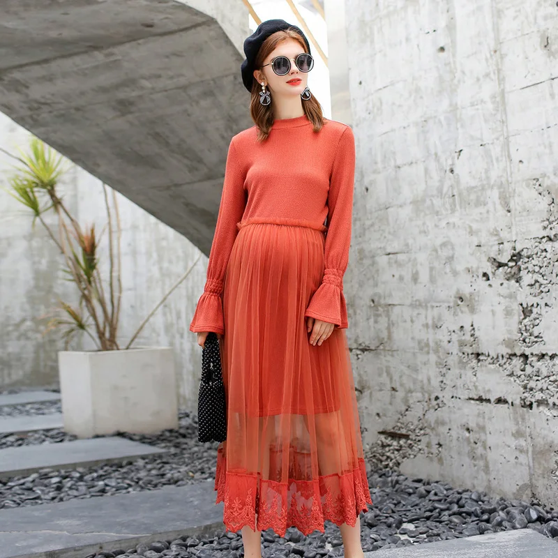

Maternity dress spring and autumn 2019 new fashion long lace dress Slim long-sleeved autumn pregnancy dress JoyRay.B