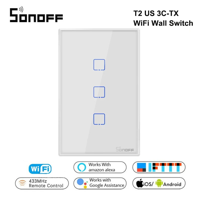 US-T2-3C Интеллектуальный выключатель света SONOFF T2/T3 нам TX черный 1/2/3 RF 433 МГц RF пульт Управление Беспроводной Wi-Fi Сенсорный настенный светильник переключатель умный переключатель дистанционного Управление Google Home Alexa - Цвет: US-T2-3C