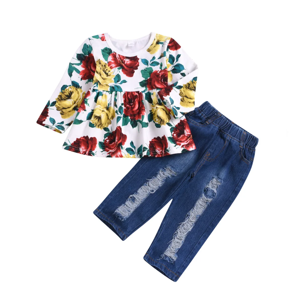 

Childrenswear Spring New Style CHILDREN'S Suit Big Flower T-shirt Jeans Two-Piece Set