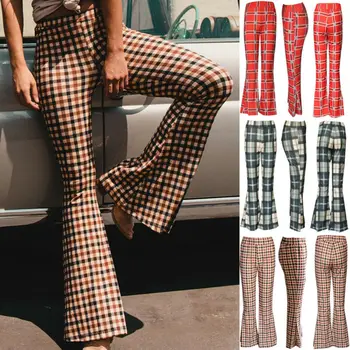 

Women Ladies Retro High Waist Plaid Pattern Bell-bottom Long Pant Fashion Office Ladies Slim Casual Pant
