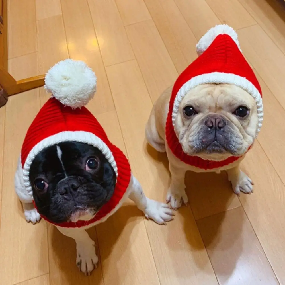 

Cute Christmas Hat for Large Medium Small Dog Red Elastic Acrylic Knitted Cap Warm Crocheted Snood Winter Pet Headwear XS-XL 20E