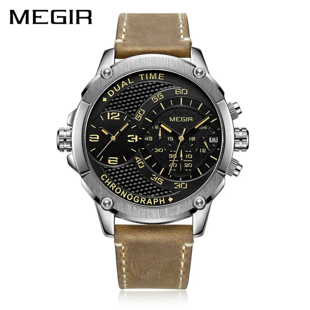 MEGIR New Design Waterproof Sports Quartz Watch Fashion Luxury Army Military Watches Men Dual Time Zone Clock Relogio Masculino Silver Black