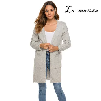 

New Arrival 2019 Winter Fashion Pockets Long Cardigans Hollow Out Knitting Women Sweater Coats