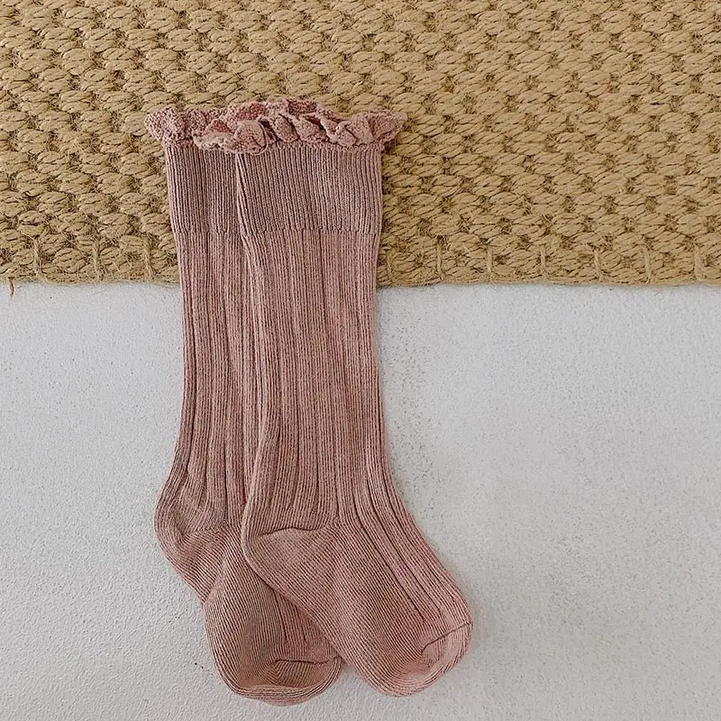 Гольфы для девочек, хлопковые кружевные осенне-зимние носки для маленьких мальчиков, модные однотонные детские носки детские вещи - Цвет: pink