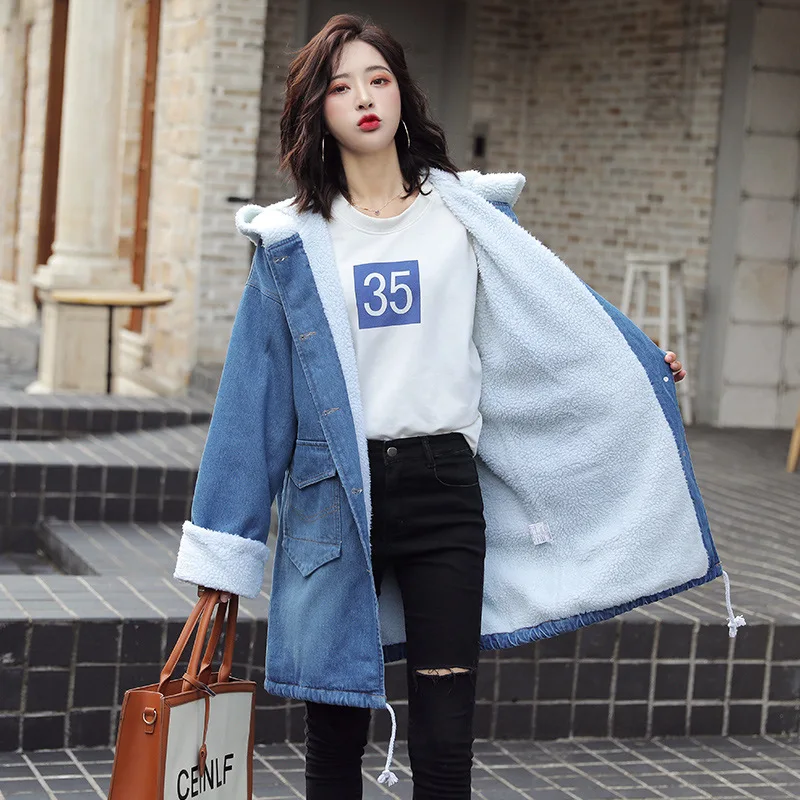 

2019 Winter New Style Korean-style Students Loose-Fit Hooded Mid-length Embroidered Jeans Coat Women's College Style Cotton Coat