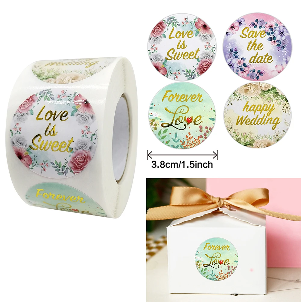 

500pcs 3.8cm Happy Wedding Gold Sticker Wedding Party Valentines Day Gift Greeting Card Decoration Label Stationery Sticker