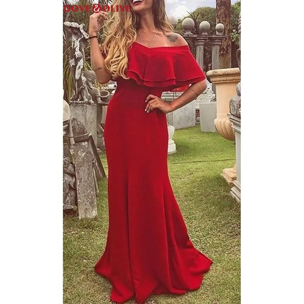 

Off the Shoulder Evening Gown 2020 Long Satin Ruffled Mermaid Prom Dress Red Formal Sweep Train Plus Size robe soiree dubai