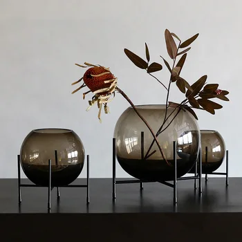 

Nordic Grey Glass Vase Art Flower Vases Metal Shelf Office Desk Decor Home Decoration Modern Living Room Fruit Pots Wedding Gift