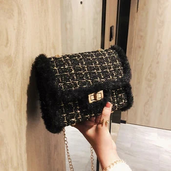 

Crossbody Bags Women Fur Faux Bags with Pear Charm Female Chain Shoulder Bag Handbag Tote Ladies Travel Messenger Bag Small Flap