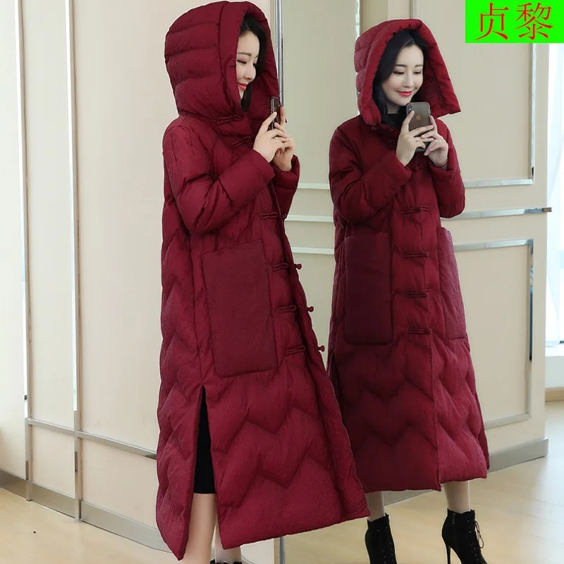 

National Wind Retro Cotton Coat Women's 2018 Winter New Style Mid-length down Feather Cotton-padded Clothes Thick over-the-Knee