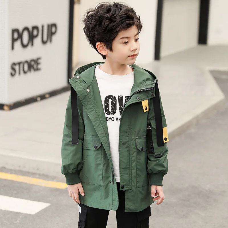

BOY'S Fashion Handsome Hooded Coat Spring Clothing New Style 2019 Children Korean-style Mid-length Lettered Trench Coat Zip-up S