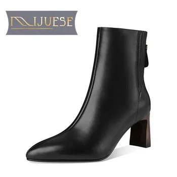

MLJUESE 2021 women Ankle boots Cow leather Winter short plush Pointed Toe Zip High heels female boots size 40