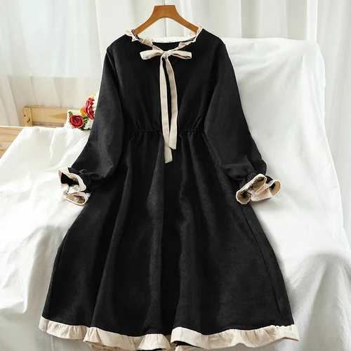 Long Sleeve Dress Women Vintage Kawaii Patchwork High Waist A-Line Bow Maxi Dresses Female Leisure Daily Korean Style Vestidos a line dress Dresses