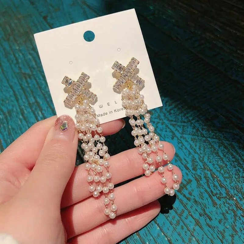

MENGJIQIAO New Elegant Multilayer Simulated Pearl Tassel Drop Earrings For Women Cross Crystal Pendientes Oorbellen Jewelry