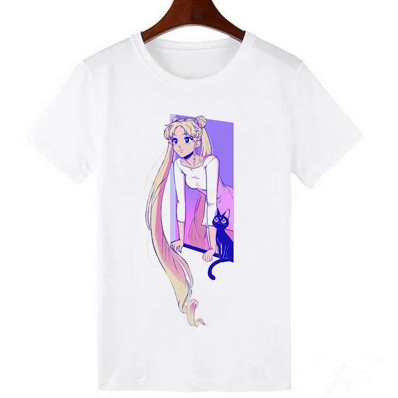 Showtly Sailor Moon летняя новая модная футболка Женская Harajuku короткий рукав забавная Ulzzang женская футболка Милая футболка с котом - Цвет: 19bk1000-white