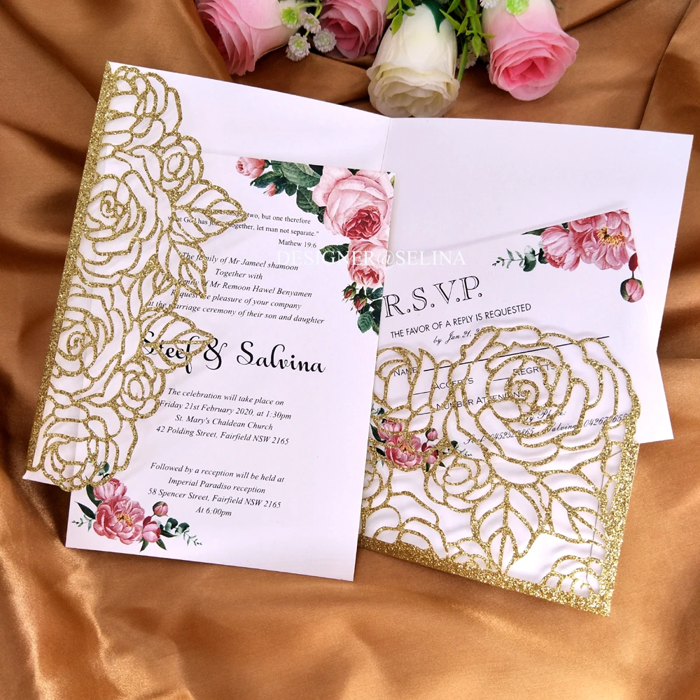 Gold Glitter Wedding Invitation Card Personalized Printing Laser Cut Pocket  Quinceanera Invites With Rsvp Card - Cards & Invitations - AliExpress